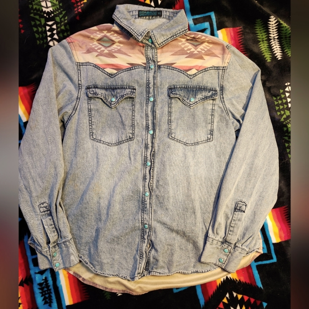 Denim and Tribal Print Turquoise Button Down Top